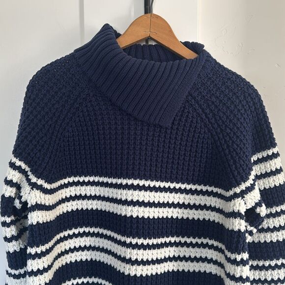 LANDS’ END Chunky Cotton Blend Navy Striped Women’s L 14-16 Sweater Casual EUC - Picture 3 of 12